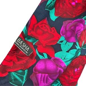 Vintage BASHA Designer 100% Silk Scarf Red Purple Floral Black Fringed 10 x 58"